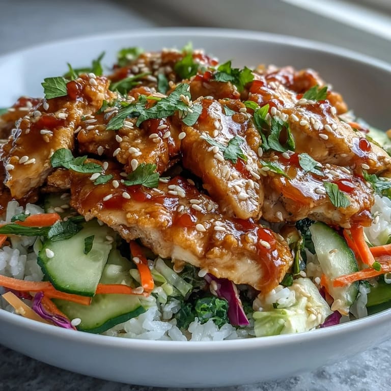 Golden seared chicken tossed in a creamy sriracha sauce, served in a Bang Bang Chicken Bowl with cucumbers and sesame seeds for garnish.