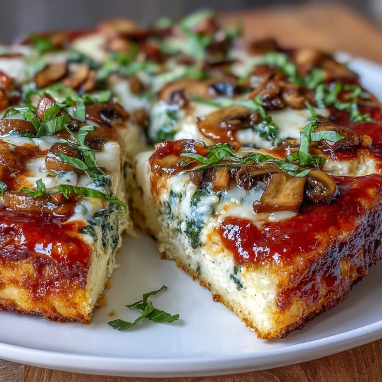 A baked Cottage Cheese Pizza Bowl sits beside fresh basil leaves, ready to be scooped up with a low-carb spoon.
