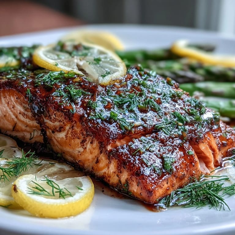 Healthy Marry Me Salmon fillet brushed with zesty garlic marinade, garnished with vibrant fresh dill.