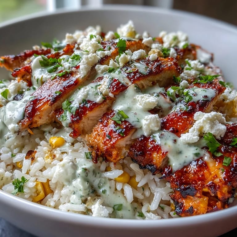 A vibrant serving of Street Corn Chicken Rice Bowl topped with creamy sauce and fresh cilantro. 