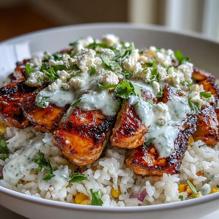 An overhead view of Street Corn Chicken Rice Bowl with rice, chicken, street corn, and lime wedges.