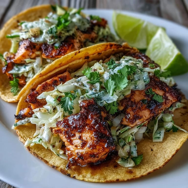 Served on a plate with extra slaw, these gluten-free Air Fryer Salmon Tacos With Slaw look irresistible.
