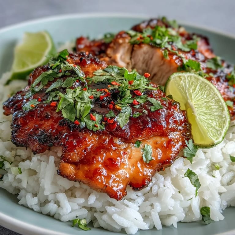 Fresh cilantro and zesty lime garnish tender Spicy Maple Chicken atop fluffy coconut rice, showcasing a colorful, dairy-free weeknight meal.