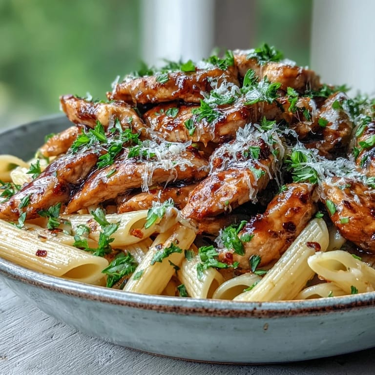 Tender chicken strips coated in a glossy honey black pepper sauce tossed with al dente penne pasta.