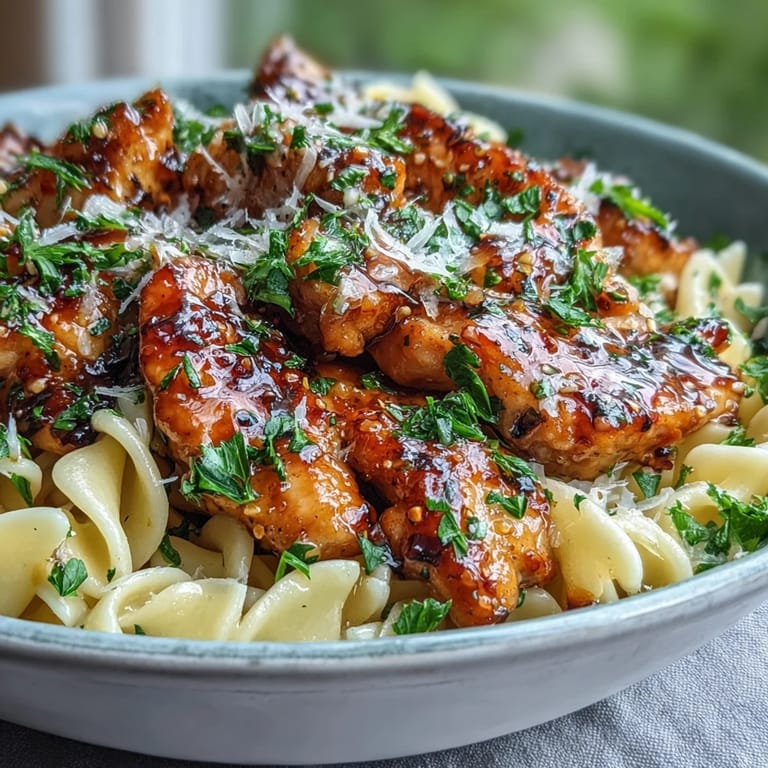 A close-up of a fork lifting a cheesy bite of Honey Pepper Chicken Pasta with a rich, sweet-spicy glaze.