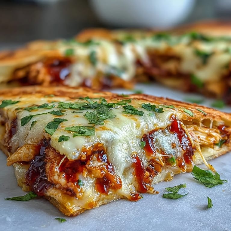 A close-up shows Hot Honey BBQ Chicken Quesadillas with sautéed bell peppers and onions, drizzled with sweet and spicy sauce on a rustic plate.