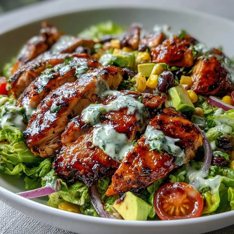 A close-up of High Protein Southwest Chicken Salad features diced avocado, cherry tomatoes, and corn, highlighting the vibrant mix of textures and fresh ingredients.