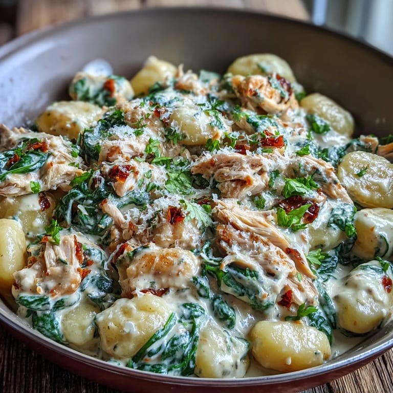 A close-up of Creamy Spinach & Parmesan Gnocchi with Chicken, highlighting wilted spinach and grated Parmesan in a luscious, steaming sauce.