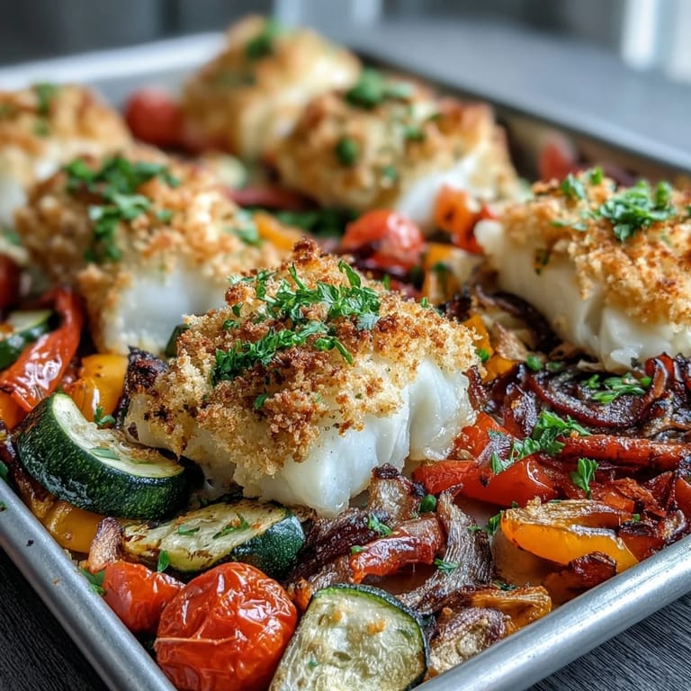 Dinner plated with Parmesan Crusted Sheet Pan Fish & Veg, featuring golden fish and caramelized cherry tomatoes for a flavorful one-pan meal.