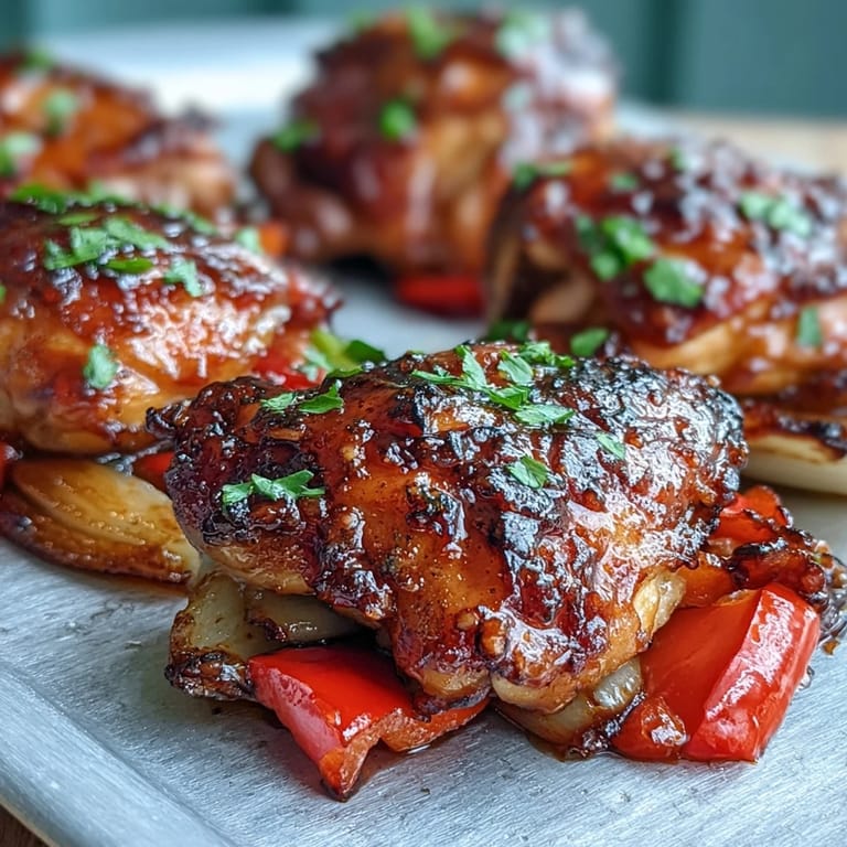 A close-up of glazed Sheet Pan Honey Garlic Chicken & naan, garnished with fresh cilantro and bright lemon wedges.