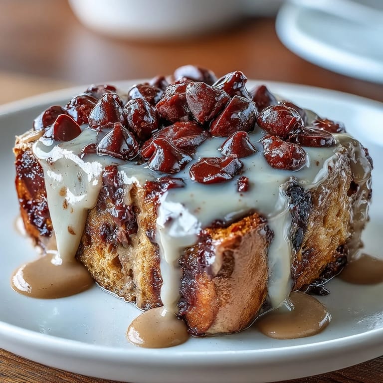 A close-up of High-Protein Peanut Butter & Chocolate Baked French Toast reveals melted dark chocolate chips and a moist, custardy bread texture.