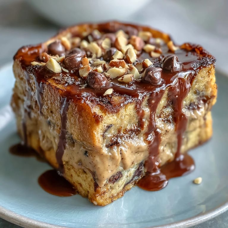 Rustic skillet filled with High-Protein Peanut Butter & Chocolate Baked French Toast topped with chopped peanuts and fresh berries.