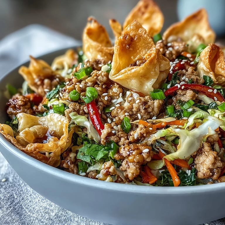 Close-up of Ranch Turkey & Veggie Egg Roll Bowls showing a colorful mix of ground turkey and crunchy veggies, ready to be topped with crispy wontons.
