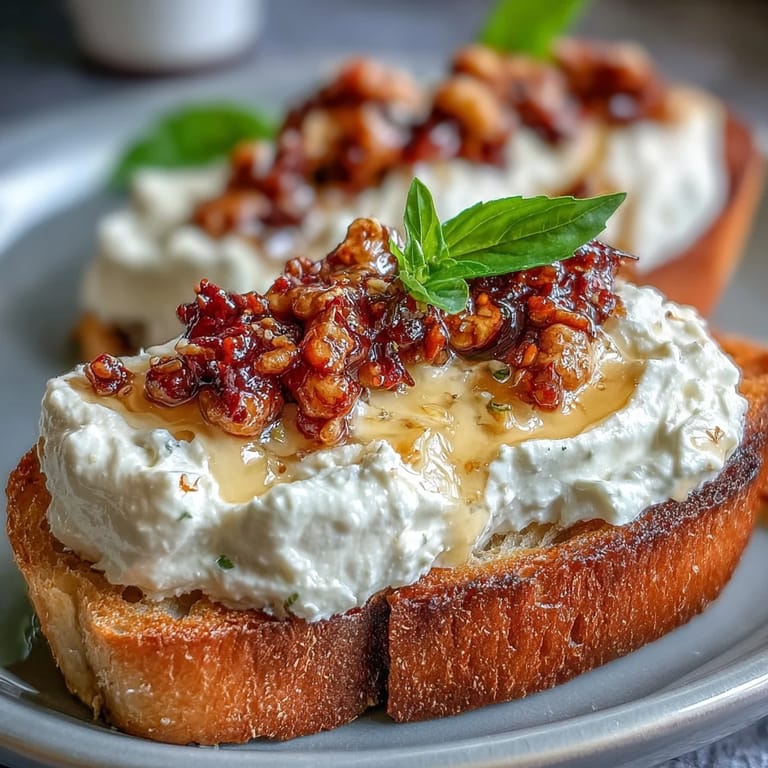 Toasted bruschetta topped with creamy whipped ricotta, fresh basil, and a dollop of fiery chili crunch appetizer.