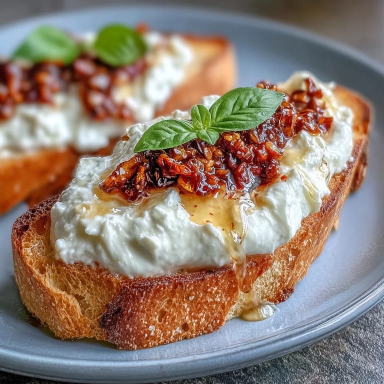 Hot Honey Ricotta Bruschetta served as a vegetarian party appetizer with a warm, sweet, and spicy drizzle.
