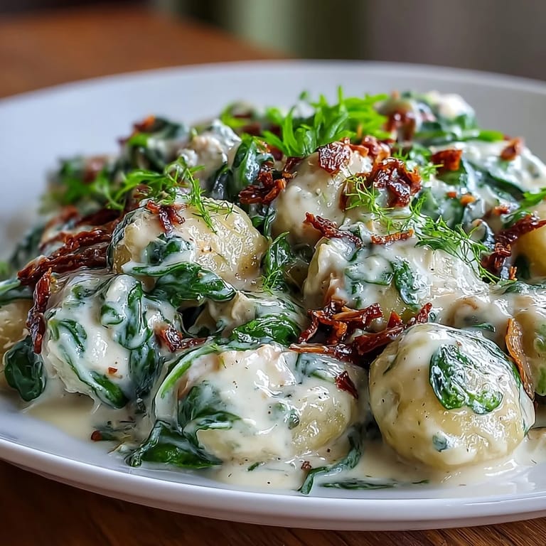 Close-up of Creamy Spinach & Parmesan Gnocchi with Chicken, ideal for a comforting weeknight dinner.