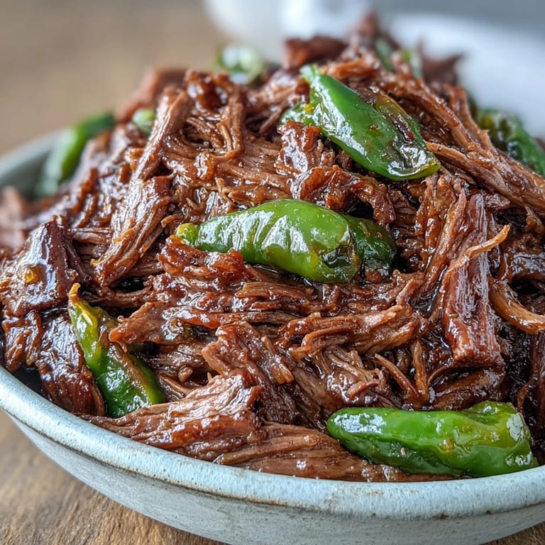 Shredded Slow Cooker Mississippi-Style Ranch Beef served over creamy mashed potatoes with pepperoncini and rich pan juices.