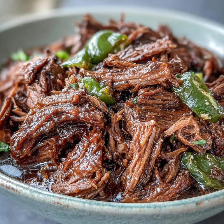 Slow Cooker Mississippi-Style Ranch Beef plated as a main dish, garnished with buttery juices and fresh parsley.