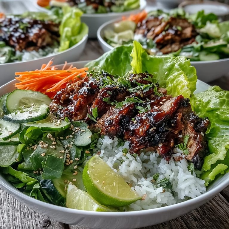 A vibrant sesame turkey lettuce wrap bowl garnished with green onions, sesame seeds, and served with lime wedges for brightness.