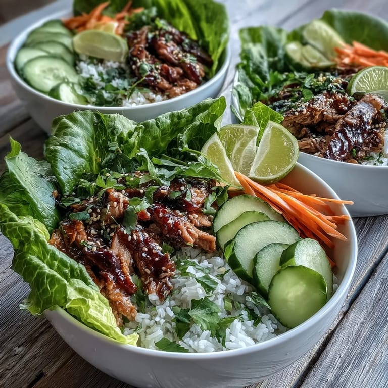 Top-down view of Korean-inspired sesame turkey lettuce wrap bowls, showcasing colorful veggies, jasmine rice, and aromatic sesame turkey filling.