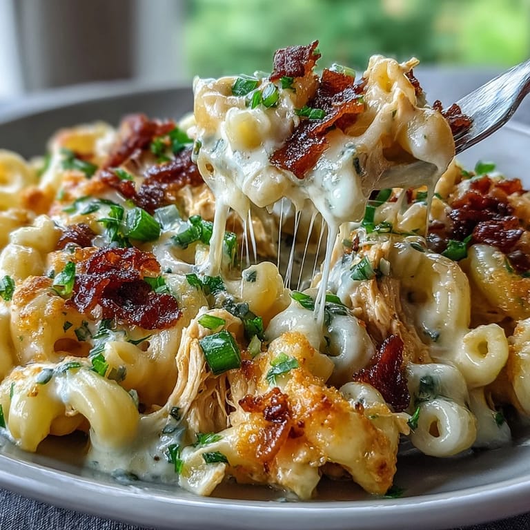 A close-up of Creamy Jalapeño Popper Chicken Pasta shows diced jalapeños and fresh chives on a rich, creamy sauce.