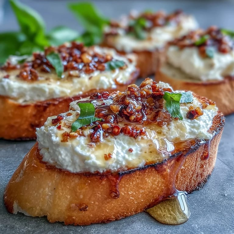A close-up of Hot Honey Ricotta Bruschetta, creamy ricotta spread on crispy bread, topped with fresh basil and flaky salt.