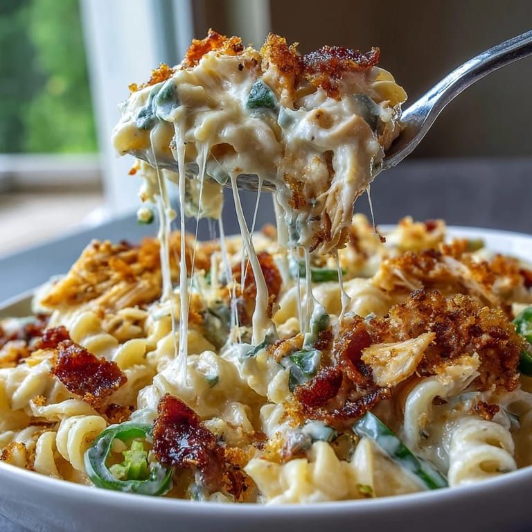 Warm Creamy Jalapeño Popper Chicken Pasta topped with golden toasted panko breadcrumbs and a garnish of cilantro.