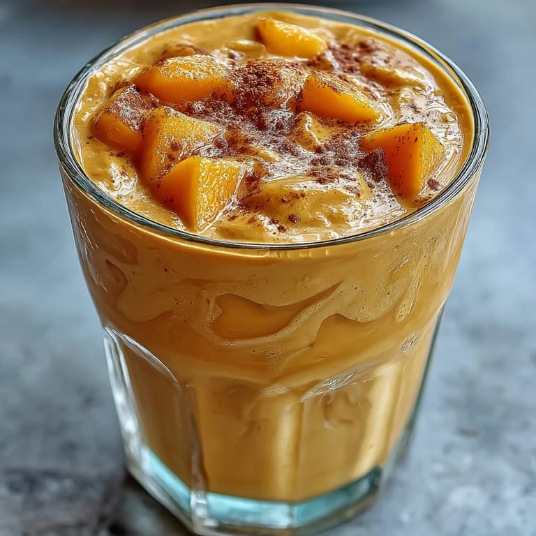 Vibrant golden smoothie blending sweet mango, turmeric, cinnamon, and ginger for a nourishing vegan breakfast or snack.
