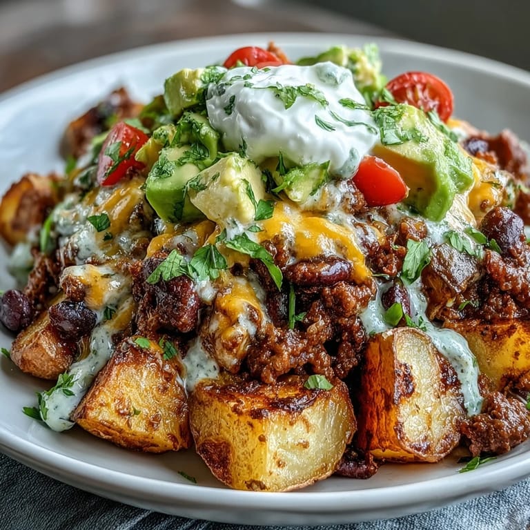 A protein-packed taco bowl featuring golden crispy potatoes, savory meat, black beans, corn, and melted cheese topped with fresh tomatoes and avocado.  