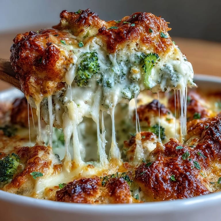 Oven-baked keto casserole with creamy chicken, broccoli, and a golden cheese topping for a satisfying meal.