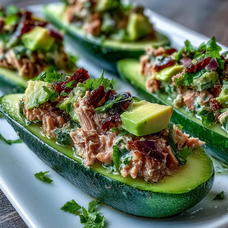 Zesty tuna and avocado mixture spooned into crisp cucumber halves, garnished with parsley for a light, refreshing meal.