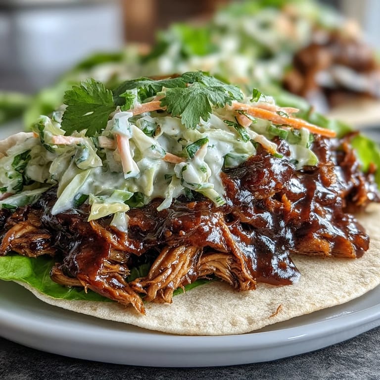 Fresh lettuce tacos packed with smoky pulled jackfruit and topped with crunchy, creamy vegan slaw for a healthy twist.
