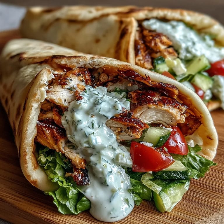 Warm whole wheat pita stuffed with tender marinated chicken, crisp cucumber, juicy tomatoes, and tangy dill yogurt.  