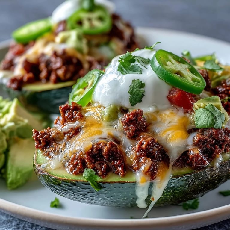 Rich and creamy avocados stuffed with flavorful taco meat, melted cheese, and fresh toppings for a delicious keto dish.
