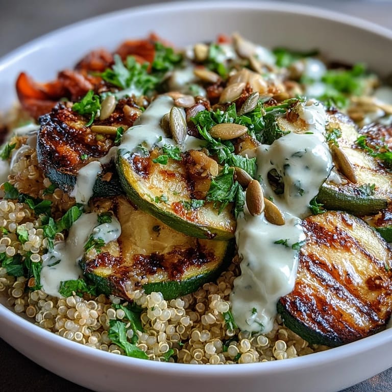 Wholesome quinoa bowls filled with smoky grilled vegetables and creamy tahini sauce, garnished with feta.  