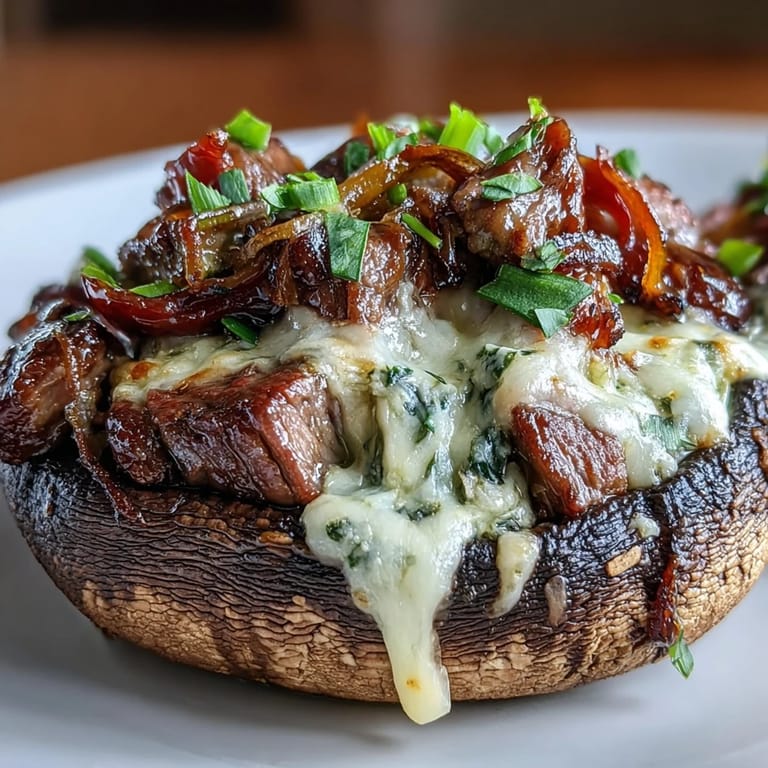 Savory Keto Philly Cheesesteak Stuffed Portobello Mushrooms, oven-roasted and topped with bubbly cheese for a satisfying gluten-free meal.
