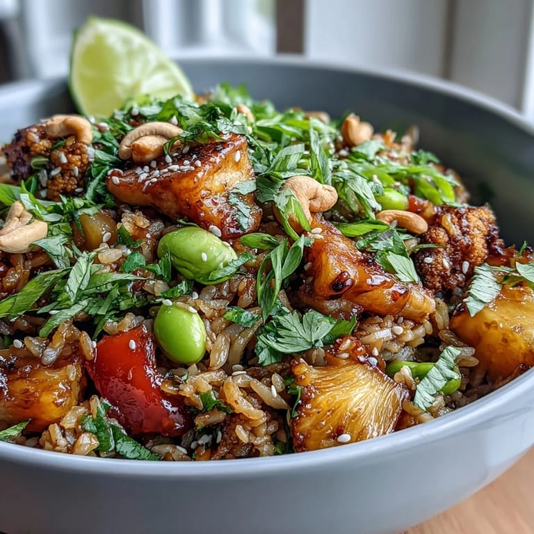 Easy vegan pineapple fried rice with riced cauliflower, juicy pineapple chunks, and protein-packed edamame in one pan.