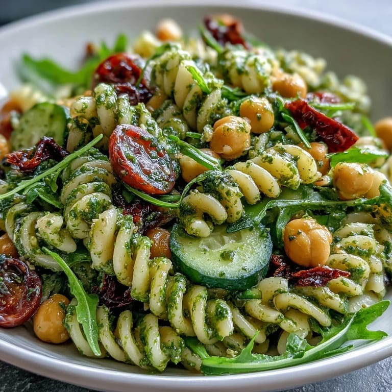 Creamy vegan pesto coats tender pasta and chickpeas in this vibrant salad, topped with peppery arugula and juicy cherry tomatoes.