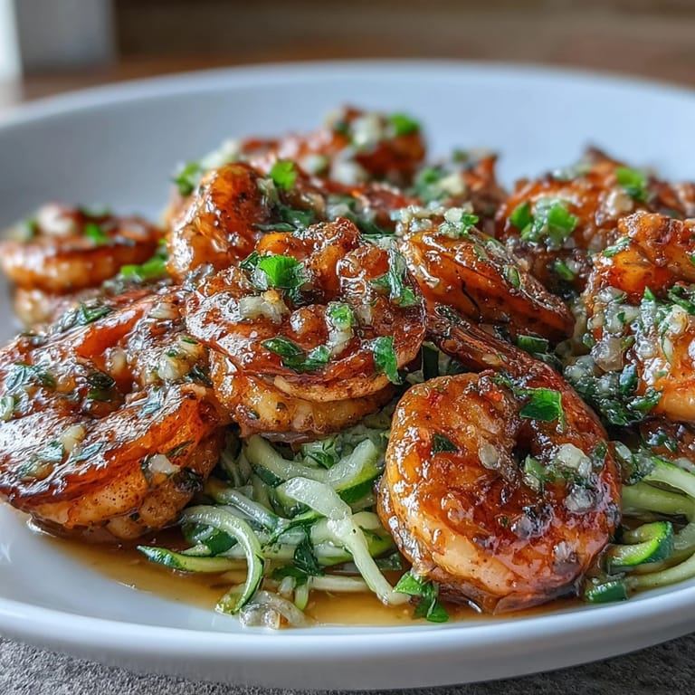Succulent garlic butter shrimp paired with light zucchini noodles, garnished with parsley and optional Parmesan for extra flavor.