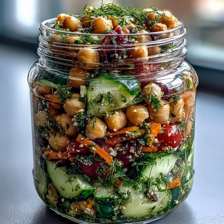 Refreshing Mediterranean chickpea salad jars layered with crisp cucumber, juicy tomatoes, and bright citrus-herb dressing.
