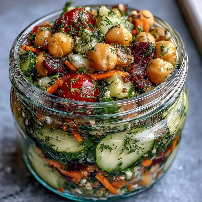 Protein-packed chickpea salad jars with vibrant vegetables and fragrant herbs, perfect for healthy make-ahead lunches.