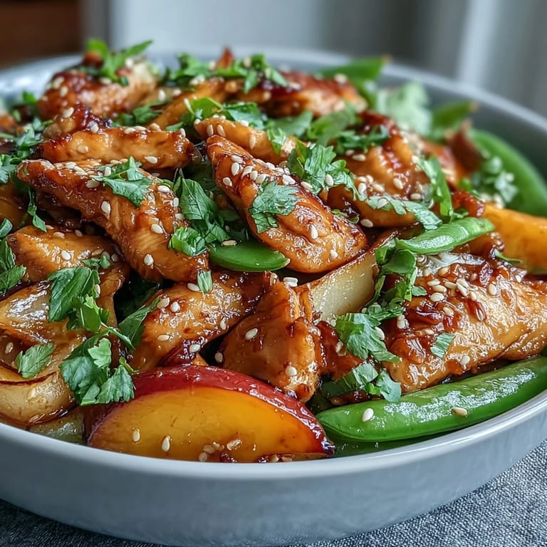 Colorful Mango Turmeric Chicken Stir-Fry served with crisp snap peas and bell peppers, topped with fresh cilantro and sesame seeds.