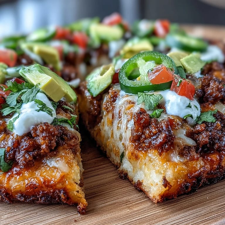Golden cheese crust topped with taco-spiced beef, tomatoes, avocado, and sour cream for a low-carb dinner.