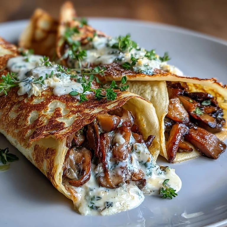 Aromatic wild mushroom and herb crepe filling, featuring a savory blend of mushrooms, garlic, and thyme in a rich cream sauce.  