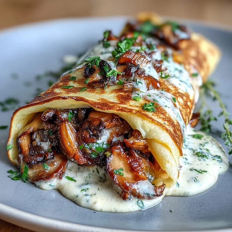 Elegant French crepe filled with wild mushroom mixture, fresh parsley, and chives, perfect for an appetizer or light main dish.
