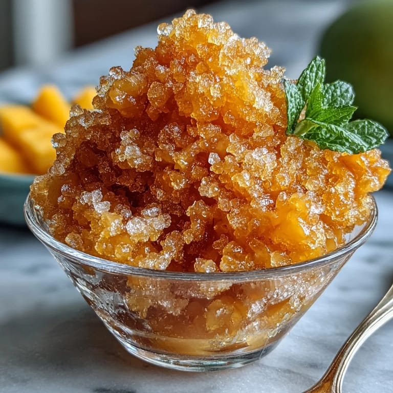 Tropical mango granita dessert with bright citrus notes, perfect for cooling off on a hot day.  