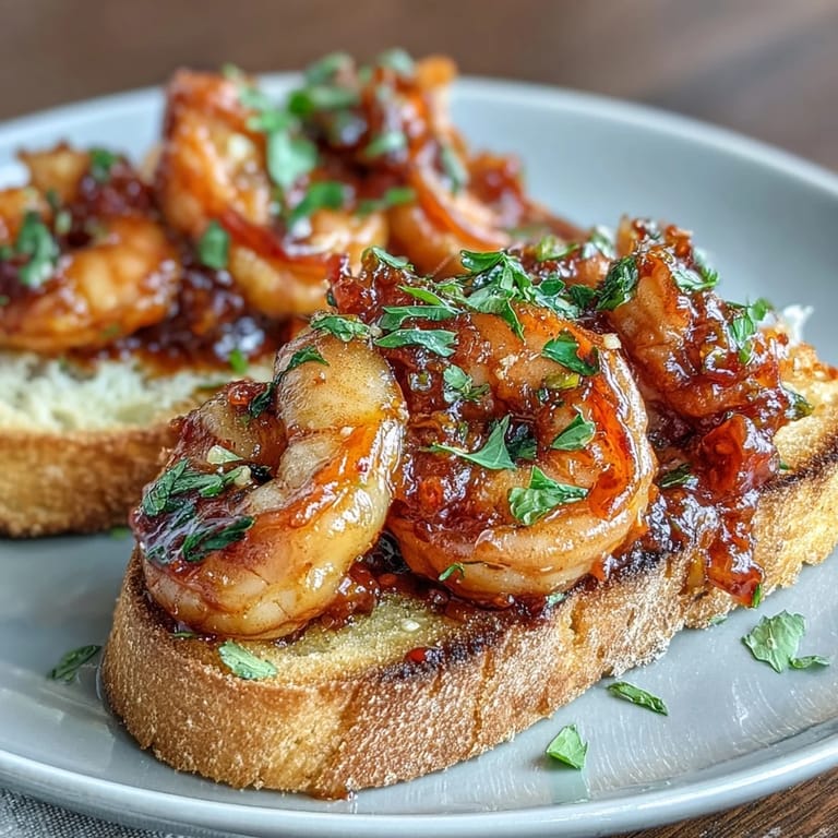 Crispy toasted bread topped with sautéed shrimp in bold Calabrian chili oil, garnished with fresh parsley and lemon zest.