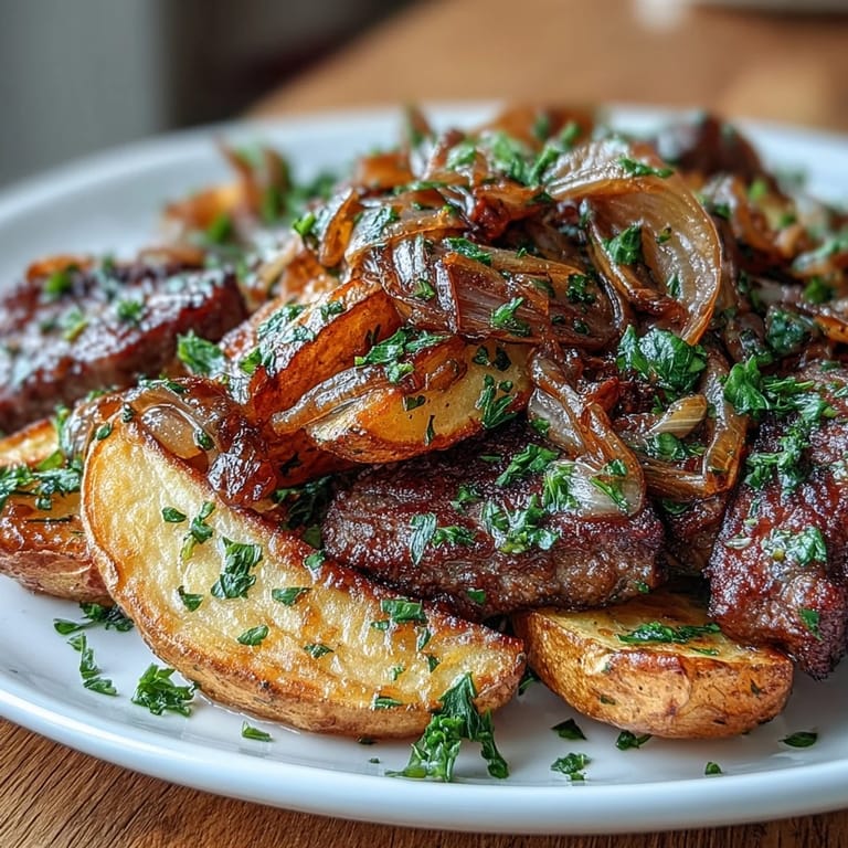 Savory steak fries coated in a luscious blend of melted butter, golden onions, and fragrant garlic, topped with fresh herbs.