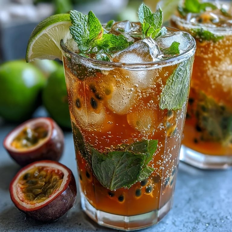 Refreshing passionfruit cocktail featuring ripe passionfruit pulp, mint leaves, and white rum, garnished with lime wedges for a summer-ready beverage.