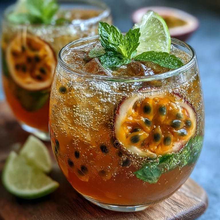 Tropical passionfruit cocktail bursting with juicy passionfruit, aromatic mint, and tangy lime, topped with sparkling water for a fizzy twist.  